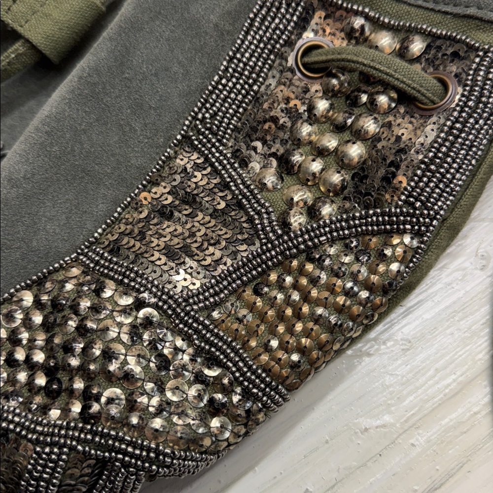 Indie Boho Gold Beaded Olive Leather/Canvas Crossbody Satchel Fringe Drawstring - Picture 4 of 14